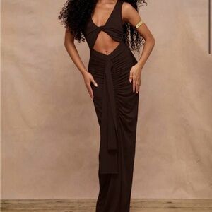 Elegant Brown Cut-Out Maxi Dress
